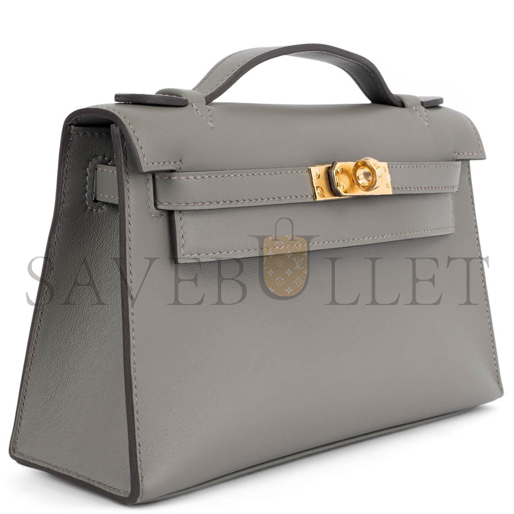 H**mes gris meyer gray swift leather kelly pochette clutch bag w gold (22*14*7cm)
